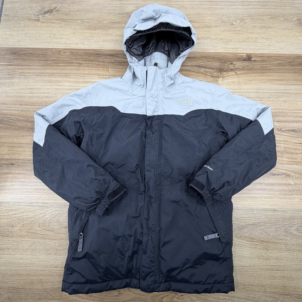 The North Face HyVent Windbreaker Jacket Boys XL Gray Black Hooded Rain Coat